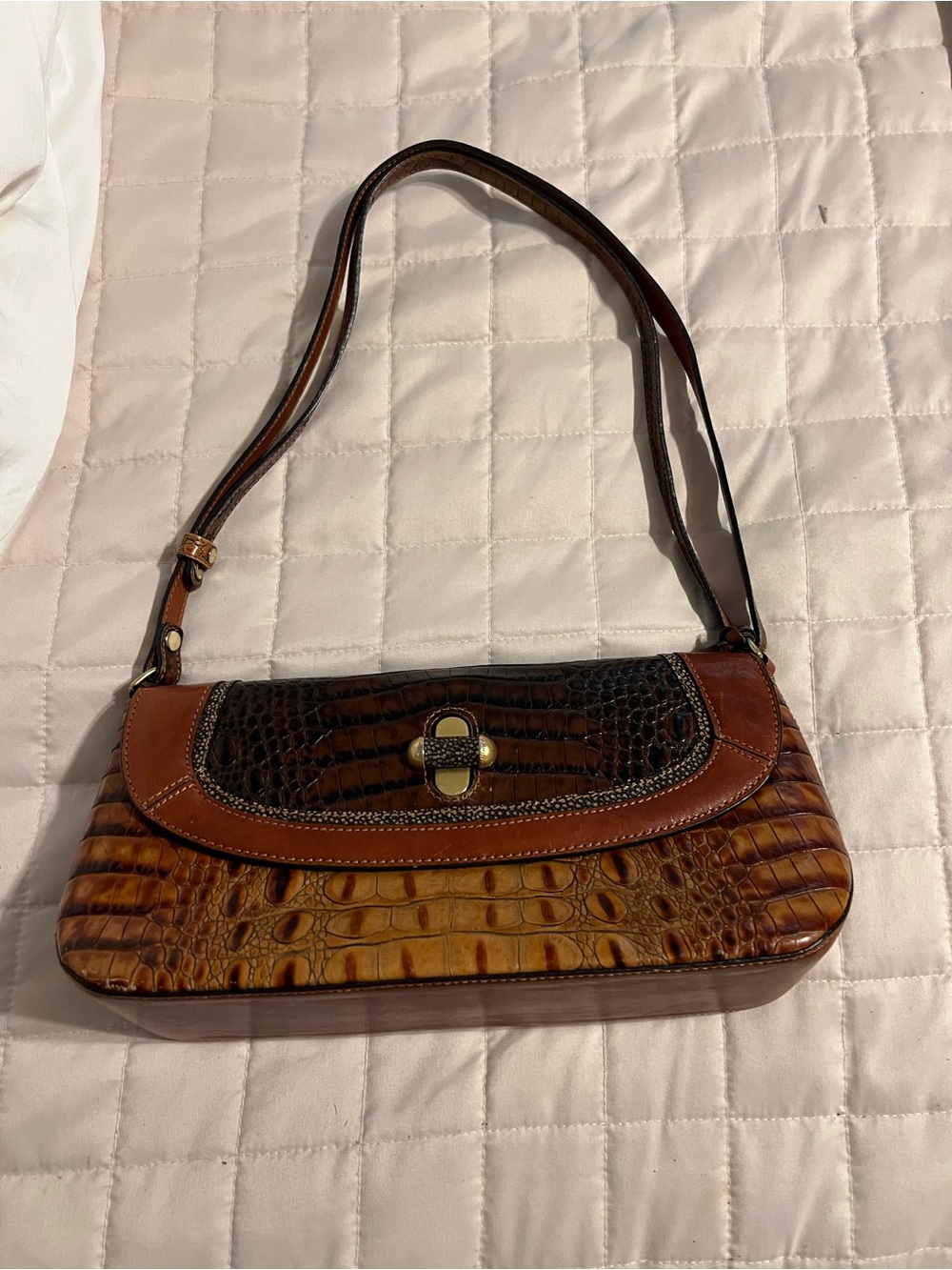 Brahmin Croc-Embossed Shoulder Bag in Brown and Tan